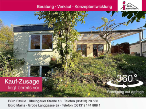 Massiv gebauter Flachdachbungalow mit sanierter Einliegerwohnung und sonnigem Garten, 55268 Nieder-Olm, Einfamilienhaus