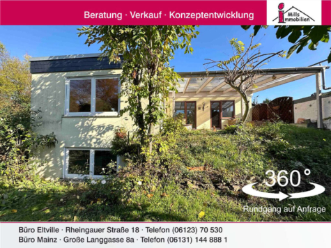 Massiv gebauter Flachdachbungalow mit sanierter Einliegerwohnung und sonnigem Garten, 55268 Nieder-Olm, Einfamilienhaus